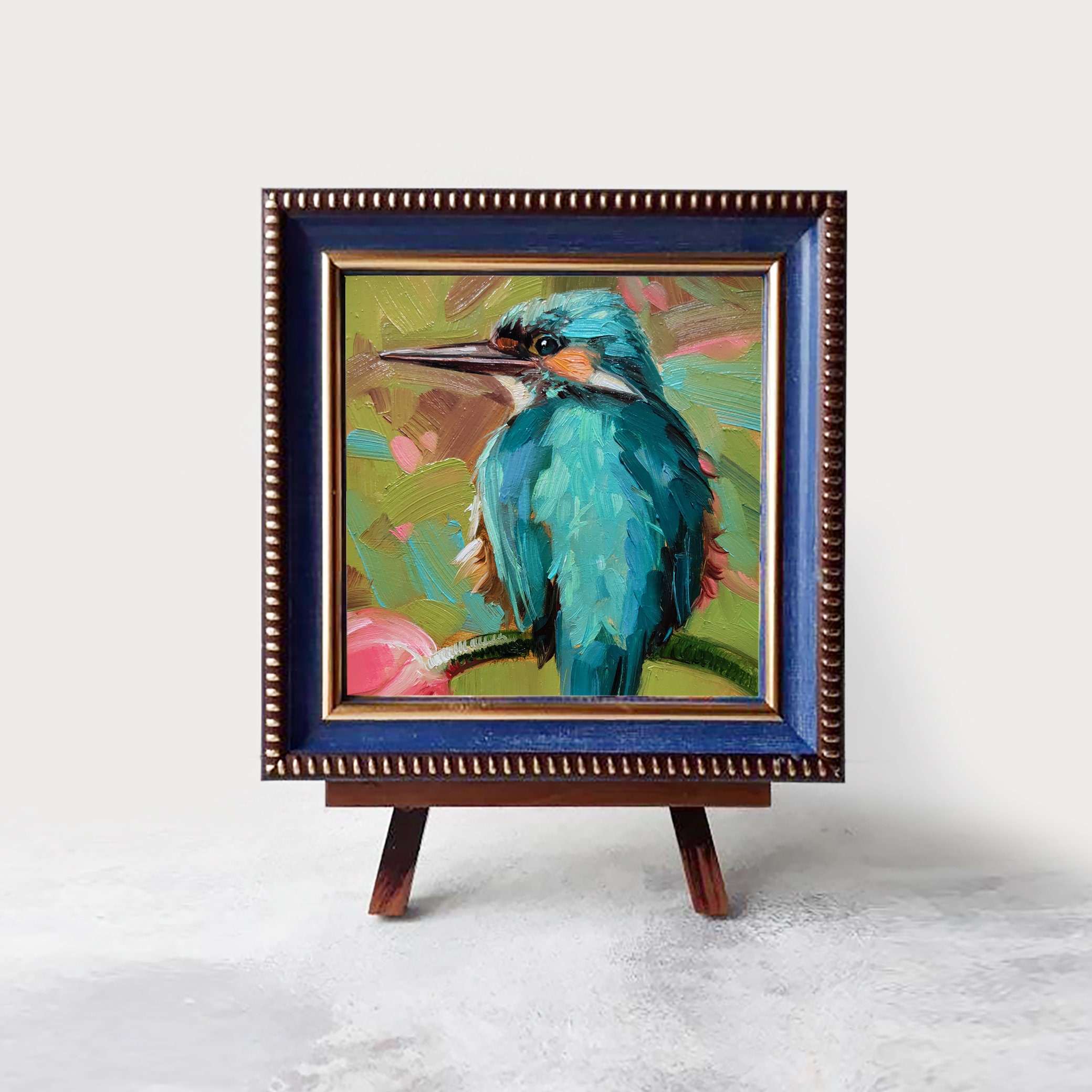 オリジナル カワセミの油絵、ターコイズブルーのアートワーク、額装