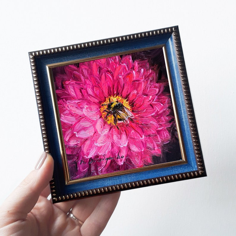 Bee Oil Painting Original Framed, Art Pink Flower Bee Wall Art in Frame