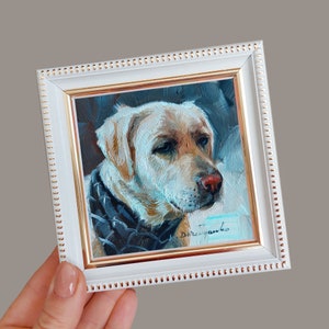 White dog animal painting 4x4 inch frame, Labrador pet oil painting original framed artwork, Pet portrait oil art mini gift for owner
