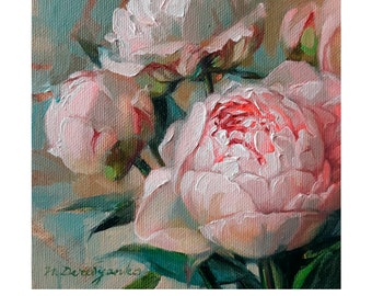 Pittura fiori originale, Peonia pittura ad olio originale, Fiori rosa in arte pittura su tela, Peonie arte