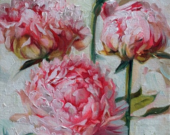 Peony flowers oil painting original canvas art, Floral peony painting wall art, Housewarming gift for her women wife