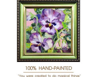 オリジナル油絵、小さなパンジーの花のアート、額装済み4×4インチパネル
