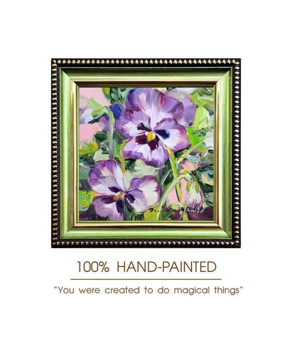 パンジーの小さな額入り絵画、小さな紫色の花の油絵、オリジナル4x4