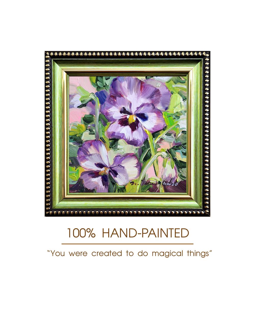 パンジーの小さな額入り絵画、小さな紫色の花の油絵、オリジナル4x4