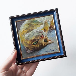 Custom cat portrait painting 4x4 in frame, Small pet oil painting original framed artwork, Cat pet portrait oil art mini gift