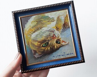 Custom cat portrait painting 4x4 in frame, Small pet oil painting original framed artwork, Cat pet portrait oil art mini gift