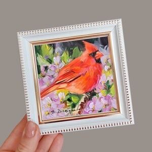 Bird Cardinal oil painting original miniature, love gift red bird artwork, home decor small painting 4x4 4x4 white frame