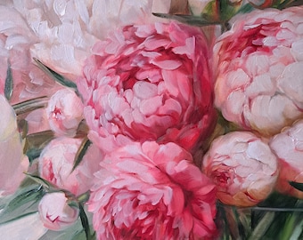 Original Peony Oil Painting on Canvas, Floral Still Life Art 24x31 inch