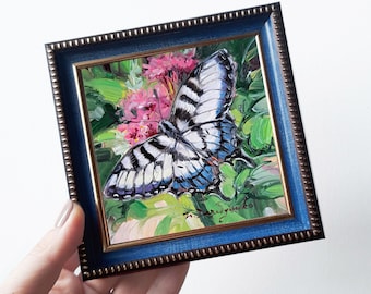 Butterfly painting original oil art framed miniature, Giant Swallowtail butterfly painting small gift for woman