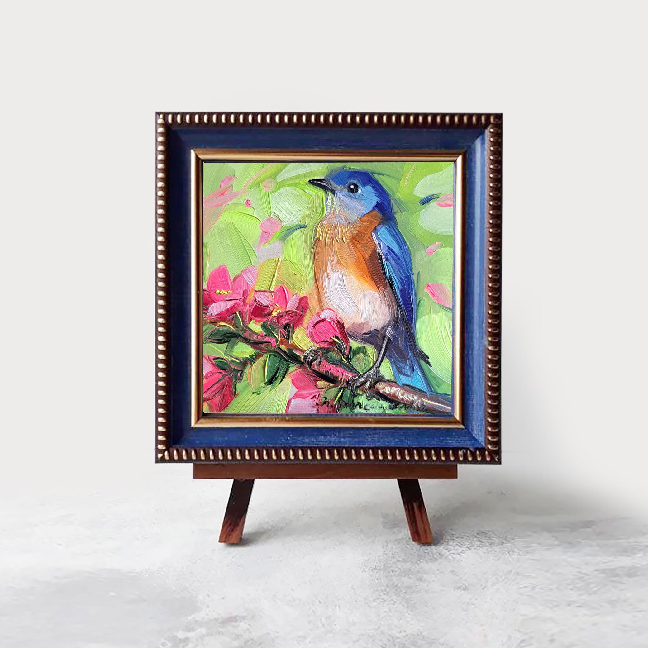 Bluebird Oil Painting Original Framed 4x4, Blue Bird Art Miniature