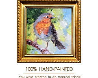 Original Robin Bird Oil Painting, Miniature 4x4 Framed Bird Art