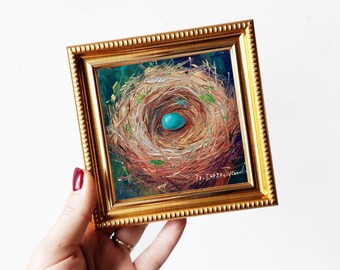 Nest oil painting original 4x4 in frame, Robin bird blue egg unique miniature painting wall art framed, Small painting Valentines day gift