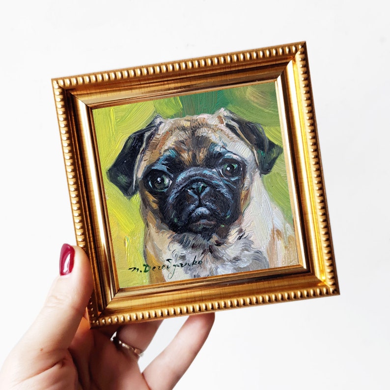 Custom pet portrait painting 4x4 in frame, Small dog oil painting original framed artwork, Boston terrier portrait oil art mini gift 4x4 gold frame