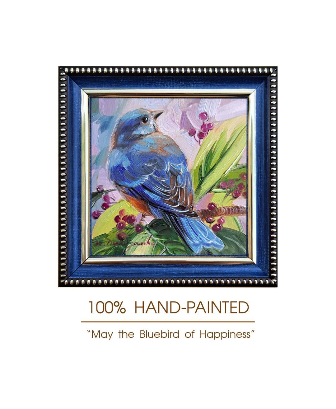 Original Bluebird Oil Painting, Framed Miniature Wall Art
