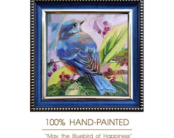 Original Bluebird Oil Painting 4x4 in, Framed Miniature Wall Art, Impressionist Birdie Art Gift