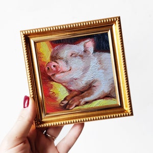 Cute pig oil painting original art sleeping 4x4, Animal small painting frame, Nursery wall art piggy lover gift
