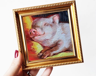 Cute pig oil painting original art sleeping 4x4, Animal small painting frame, Nursery wall art piggy lover gift