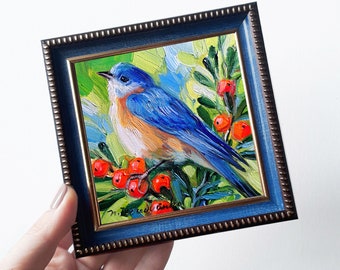 Eastern Bluebird painting original in oil 4x4 framed, Blue bird art illustration small wall art framed, Mothers day gift