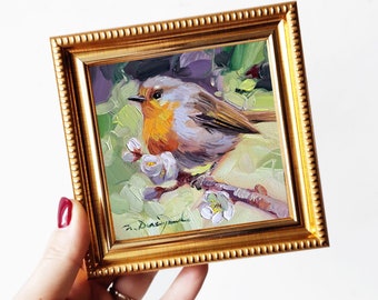Robin bird painting original in frame, Miniature small oil painting 4x4 bird art gift for mom, Small art frame bird on blossom brunch