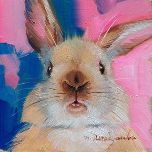 Cute rabbit painting original oil framed 4x4, Small animal art brown nose rabbit artwork, Bunny painting gift for woman 4x4 un frame