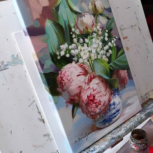 Pfingstrose Blumen Ölgemälde Original und Maiglöckchen Kunst Rosa Pfingstrose Wandkunst Geburtstagsgeschenk für Frauen Bild 10