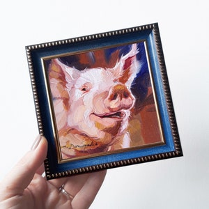 Pig oil painting original artwork 4x4, Animal small painting frame, Nursery wall art piggy lover gift