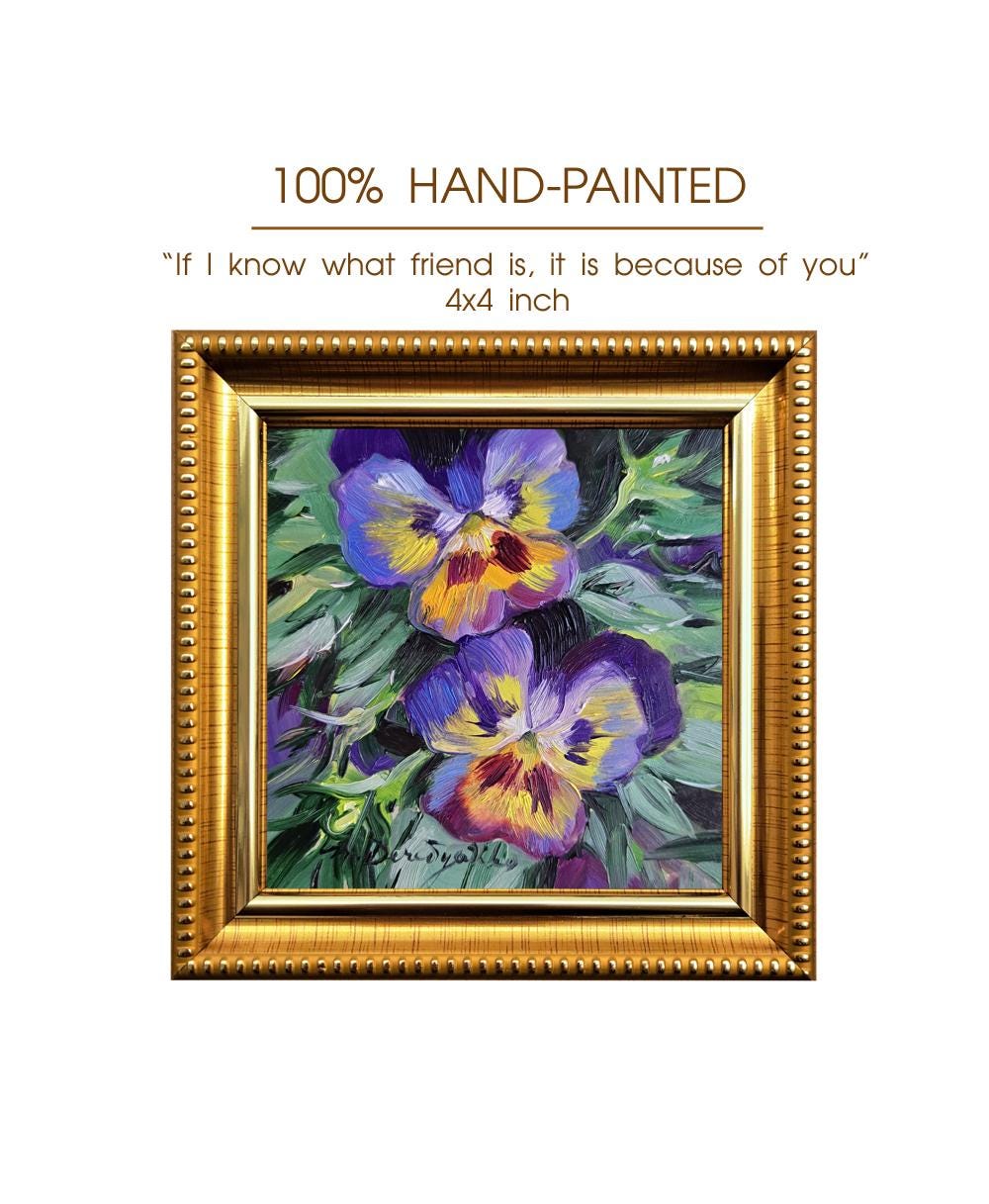 オリジナル油絵、紫のパンジーの花、額装済み4x4アート、花のアート