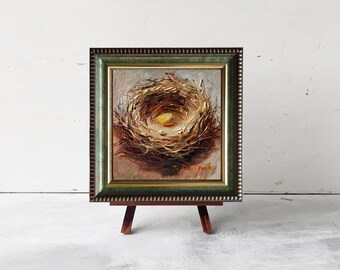 オリジナル小鳥の油絵「卵のある巣」、4×4インチ額装済み壁掛けアート