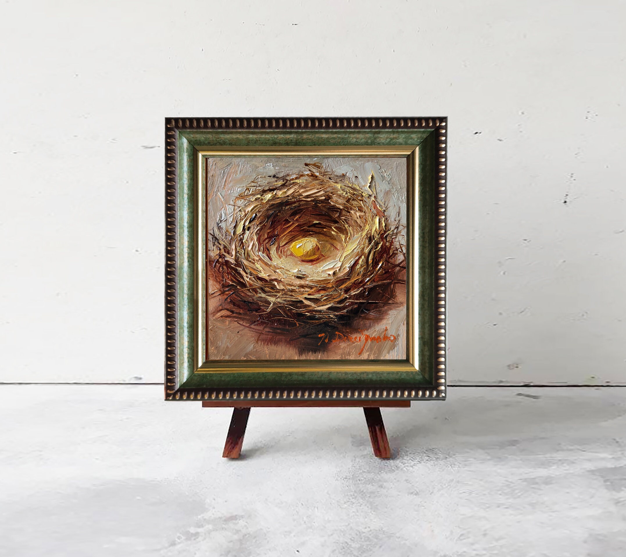 オリジナル小鳥の油絵「卵のある巣」、4×4インチ額装済み壁掛けアート