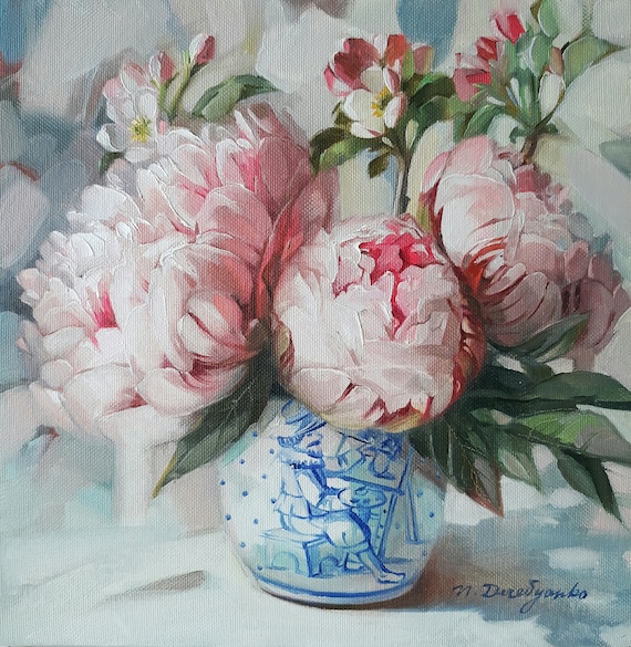 牡丹とリンゴの花の油絵、花束の静物画 - Etsy 日本