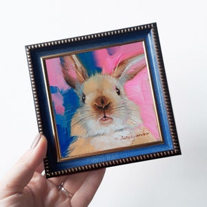 Cute rabbit painting original oil framed 4x4, Small animal art brown nose rabbit artwork, Bunny painting gift for woman