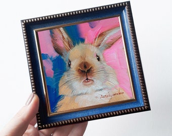 Cute rabbit painting original oil framed 4x4, Small animal art brown nose rabbit artwork, Bunny painting gift for woman