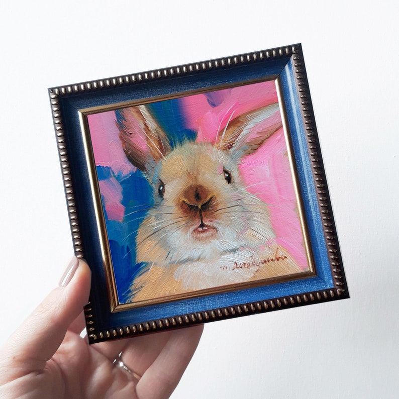 Cute rabbit painting original oil framed 4x4, Small animal art brown nose rabbit artwork, Bunny painting gift for woman 4x4 blue frame