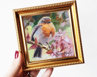 Robin bird oil painting original frame miniature, Small oil painting 4x4 bird art women gift, Small art frame bird on blossom brunch