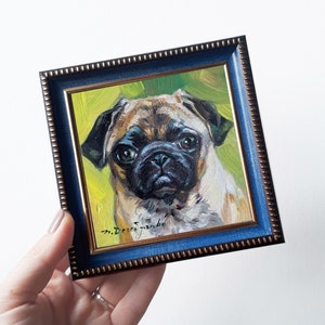 Custom pet portrait painting 4x4 in frame, Small dog oil painting original framed artwork, Boston terrier portrait oil art mini gift 4x4 blue frame