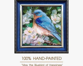 Original Bluebird Oil Painting, Framed 4x4 Inch Wall Art