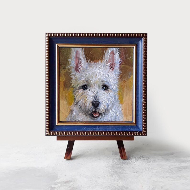 Small dog oil painting original artwork, Custom Pet portrait oil art mini gift White Terrier painting from photo 4x4 in frame 4x4 wooden easel