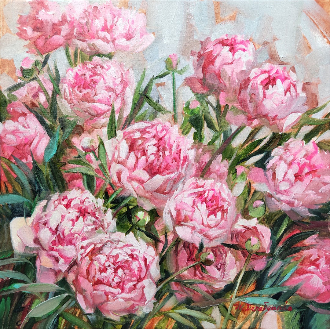 Pink Peony Flowers Original Canvas Painting Flower Oil Wall Art, Girls ...