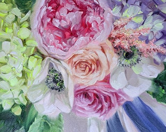 Custom Bridal Bouquet Oil Painting From Photo, Wedding Anniversary Gift