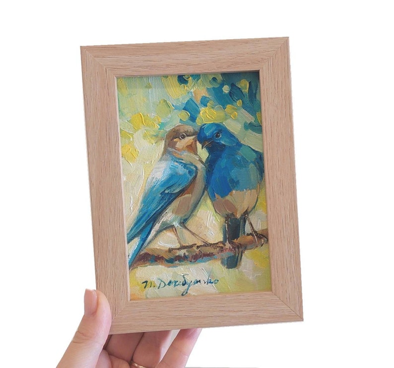 Two bird painting original canvas in wood frame, Bluebird oil painting, Bird art in frame, Small art framed love painting gift 6x4 wood frame