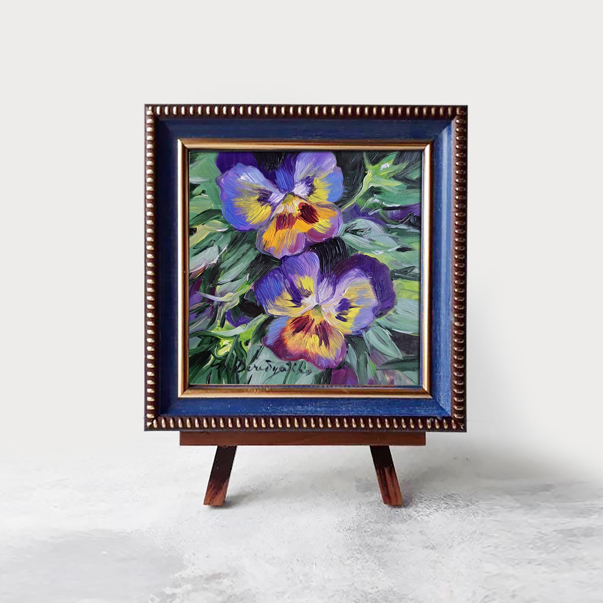 紫色の花の油絵オリジナルアート 4x4、パンジーの小さなアートフレーム