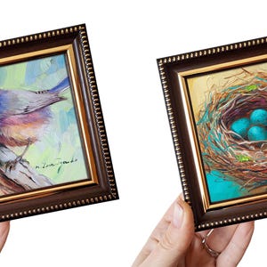 Little Bird painting oil original small art framed in blue green gold frame, Bird lovers gift artwork wall art mini 4x4