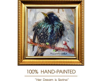 Original Starling Bird Oil Painting, Framed Wildlife Art, 4x4 Inch Her Dream is Spring
