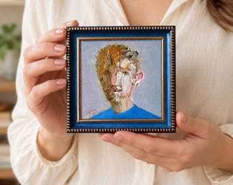 Man Oil Painting Original 4x4 in, Custom Portrait from Photo, Abstract Modern Artwork Gift for Anniversary