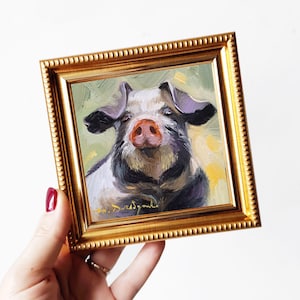 Pig oil painting original art 4x4, Animal small painting frame, Nursery wall art piggy lover gift