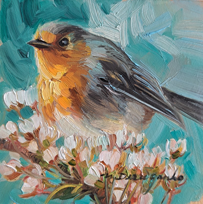 Robin bird painting original in frame, Miniature small oil painting 4x4 bird art gift for mom, Small art frame bird on blossom brunch 4x4 un frame