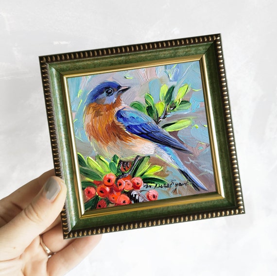 ［bluebird］絵画　油絵　※値段交渉あり Original Bluebird Oil Painting, Framed Miniature Wall Art, 4x4