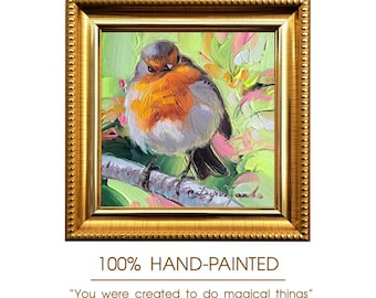 Original Robin Bird Oil Painting, Miniature 4x4 Bird Art in Frame