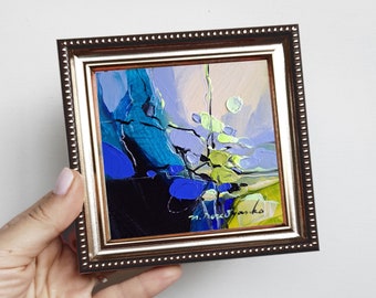 Abstract painting small framed art, Original oil painting Abstract Landscape, Small wall art tiny painting Birthday gift, Small framed art