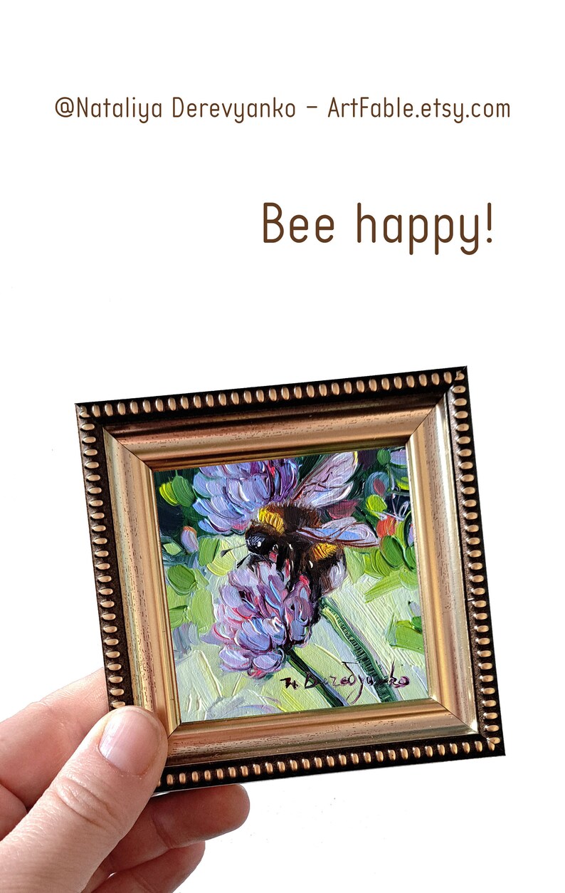 Regali d'arte delle api, pittura ad olio d'api originale 3x3 Ape felice ape home decor wall art Ape da miele image 10